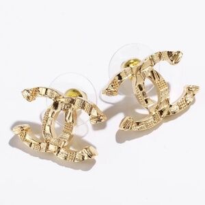 Brand New CHANEL 23A Gold Interlock CC Logo Statement Stud Earrings
